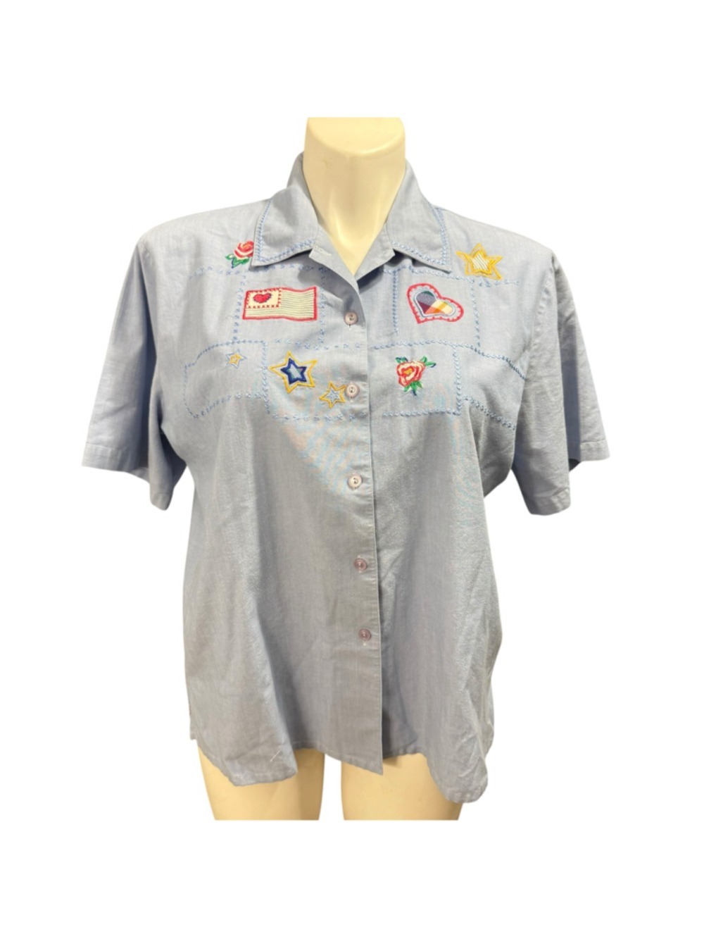 Vintage Napa Valley XL Chambray Shirt Embroidered Patchwork Hearts Stars Roses